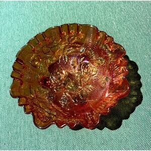 Imperial Lustre Rose Marigold 3-Toed Footed Ruffled Rim Carnival Glass Bowl 8”